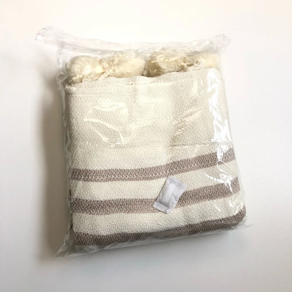 Imani Collective Blanket Throw Woven Striped Pom Poms Cream Tan Beige Neutral
